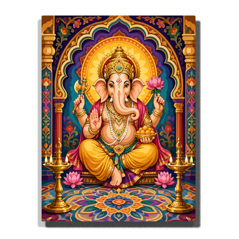 Lord Ganesha sitting in ornate Indian temple shrine with golden crown, lotus flower, sacred lamps, mandala floor pattern and decorative arches Paint by Numbers by PaintEasy