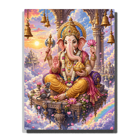 Lord Ganesha sitting on celestial temple platform with golden crown, lotus flower, hanging bells, ornate pillars and fantasy clouds Paint by Numbers by PaintEasy