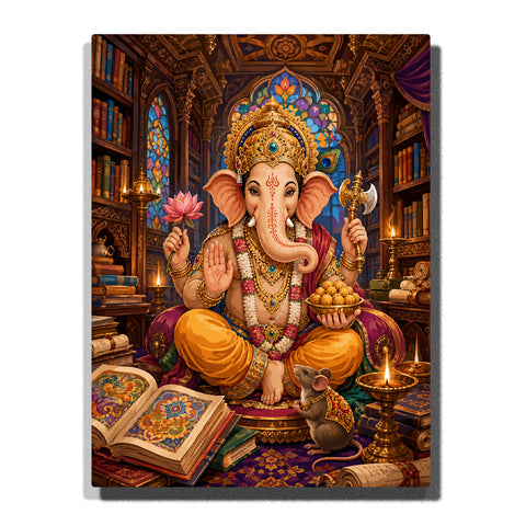 Ganesha deity in sacred library with ancient books, lotus flower, golden crown, stained glass windows, candles and ornate Indian decorations Paint by Numbers by PaintEasy