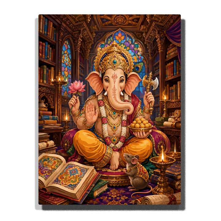 Ganesha deity in sacred library with ancient books, lotus flower, golden crown, stained glass windows, candles and ornate Indian decorations Paint by Numbers by PaintEasy