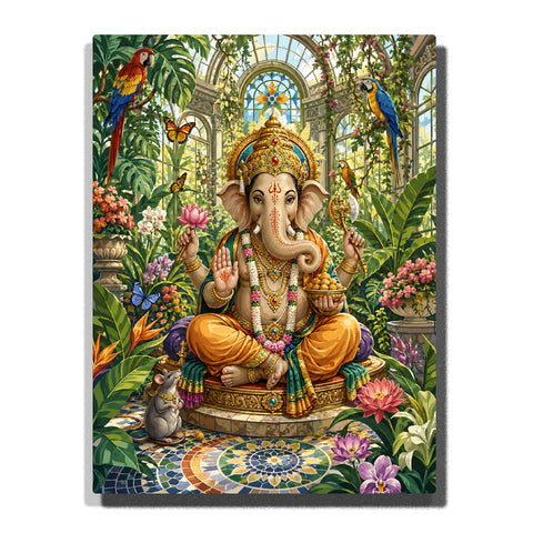 Lord Ganesha in tropical garden sanctuary with lotus flowers, exotic birds, butterflies, golden crown, stained glass and lush green plants Paint by Numbers by PaintEasy