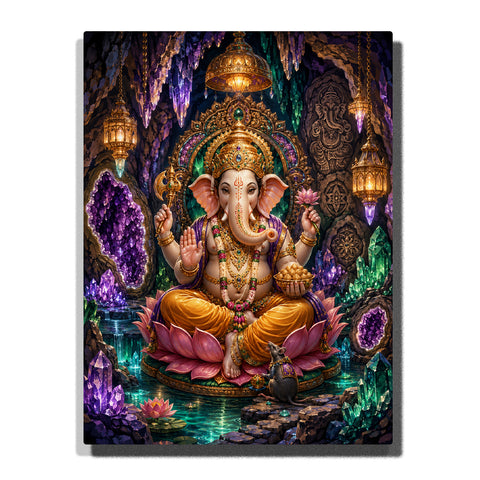 Lord Ganesha sitting in crystal cave shrine with lotus throne, golden crown, sacred jewels, glowing lanterns and mystical gemstone background Paint by Numbers by PaintEasy