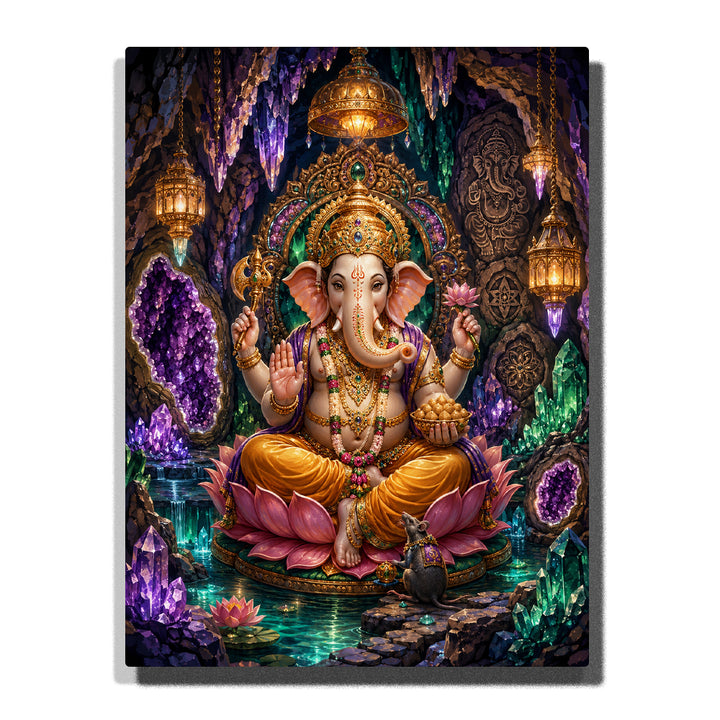 Lord Ganesha sitting in crystal cave shrine with lotus throne, golden crown, sacred jewels, glowing lanterns and mystical gemstone background Paint by Numbers by PaintEasy