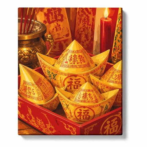 Golden Paper Ingots in a Red Tray by Candlelight paint by numbers kit preview
