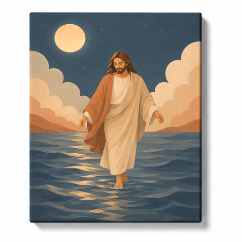 Boho Jesus Paint by Numbers featuring Jesus walking on moonlit water beneath full moon with peach clouds, blue waves and minimalist terracotta Christian art