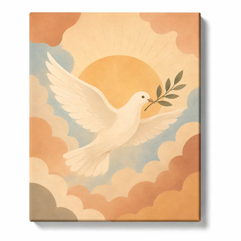 Christian Paint by Numbers featuring white peace dove carrying olive branch in front of golden sun with soft peach blue and cream Boho clouds