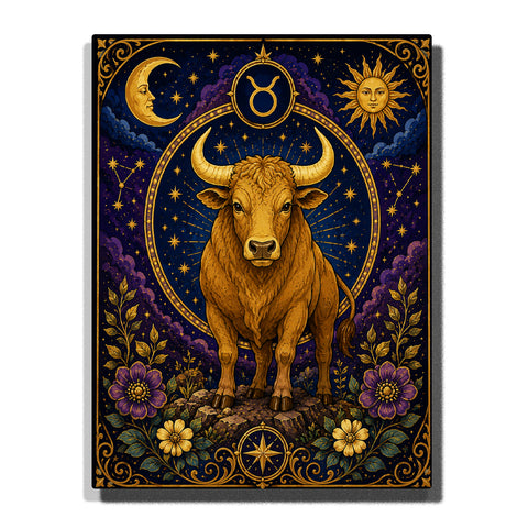 Taurus Bull Zodiac Paint by Numbers For Adults with golden-brown bull, curved horns, Taurus symbol, crescent moon, radiant sun, stars and purple flowers