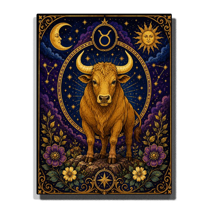 Taurus Bull Zodiac Paint by Numbers For Adults with golden-brown bull, curved horns, Taurus symbol, crescent moon, radiant sun, stars and purple flowers