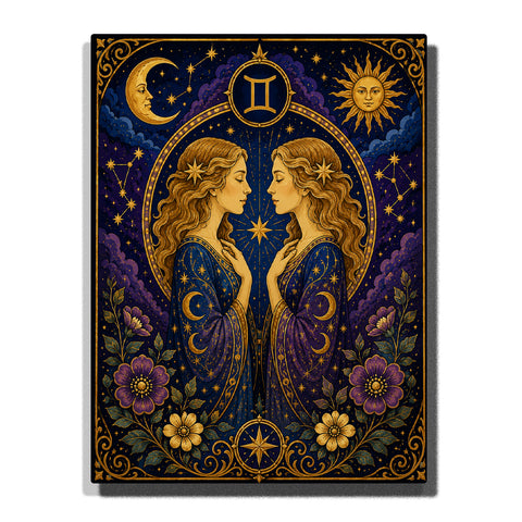 Gemini Twin Goddesses Zodiac Paint by Numbers For Adults featuring two celestial women, Gemini symbol, crescent moon, sun, stars, constellations and purple flowers