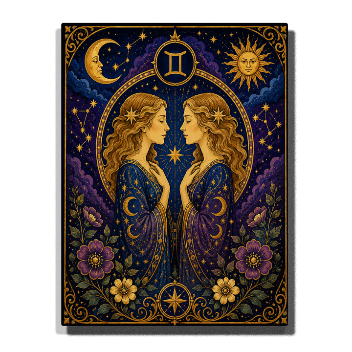 Gemini Twin Goddesses Zodiac Paint by Numbers For Adults featuring two celestial women, Gemini symbol, crescent moon, sun, stars, constellations and purple flowers