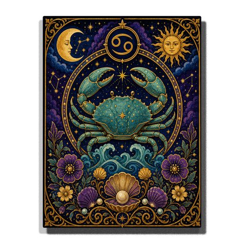Cancer Crab Zodiac Paint by Numbers For Adults featuring turquoise crab, Cancer symbol, ocean waves, pearl shell, crescent moon, sun, stars and purple flowers