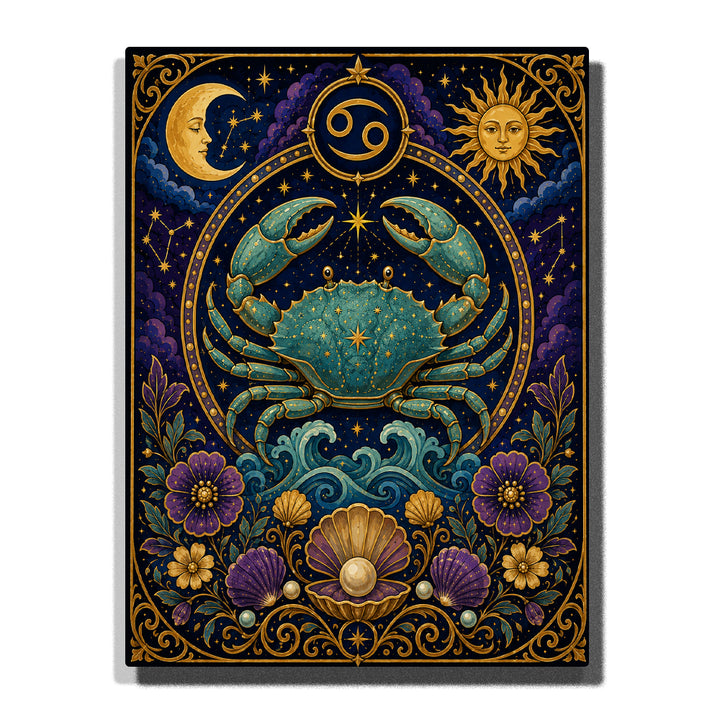 Cancer Crab Zodiac Paint by Numbers For Adults featuring turquoise crab, Cancer symbol, ocean waves, pearl shell, crescent moon, sun, stars and purple flowers