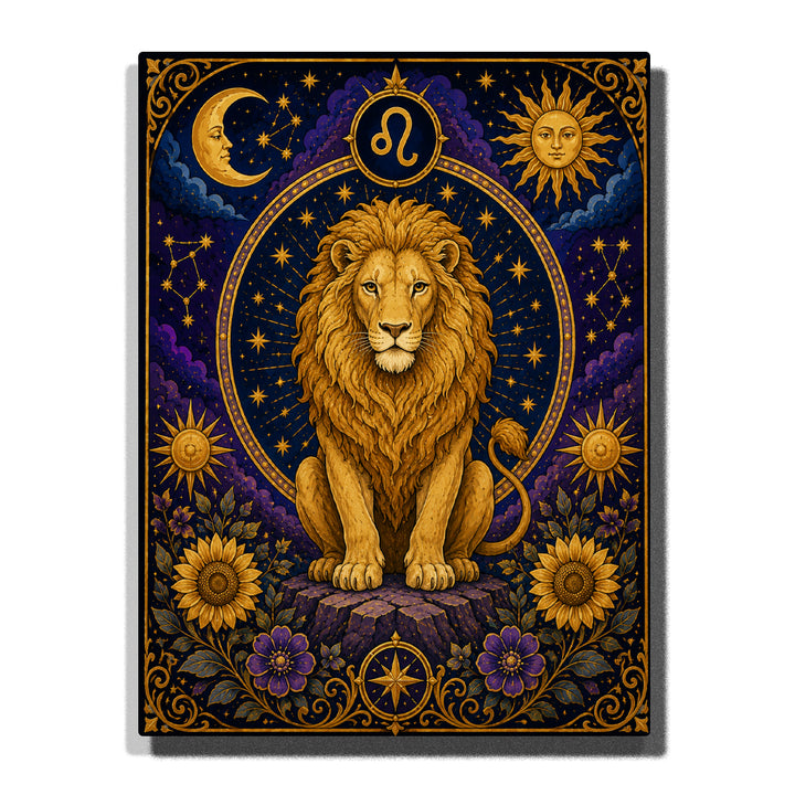 Leo Lion Zodiac Paint by Numbers For Adults featuring golden lion with full mane, Leo symbol, crescent moon, radiant sun, stars, sunflowers and purple flowers