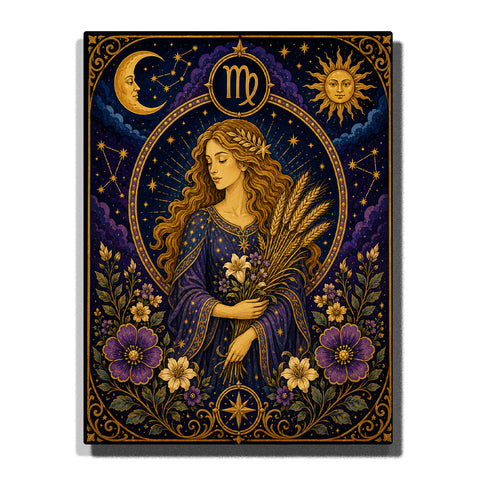 Virgo Goddess Zodiac Paint by Numbers For Adults featuring maiden holding golden wheat and flowers with Virgo symbol, crescent moon, sun, stars and purple blossoms