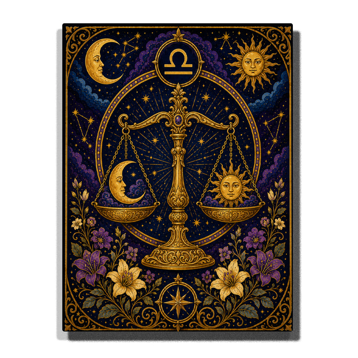 Libra Golden Scales Zodiac Paint by Numbers For Adults featuring balanced moon and sun, Libra symbol, stars, constellations, purple flowers and cream lilies