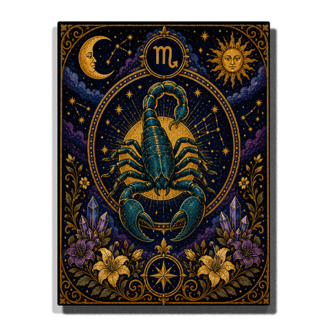 Scorpio Scorpion Zodiac Paint by Numbers For Adults featuring deep teal scorpion, Scorpio symbol, purple crystals, crescent moon, radiant sun, stars and flowers