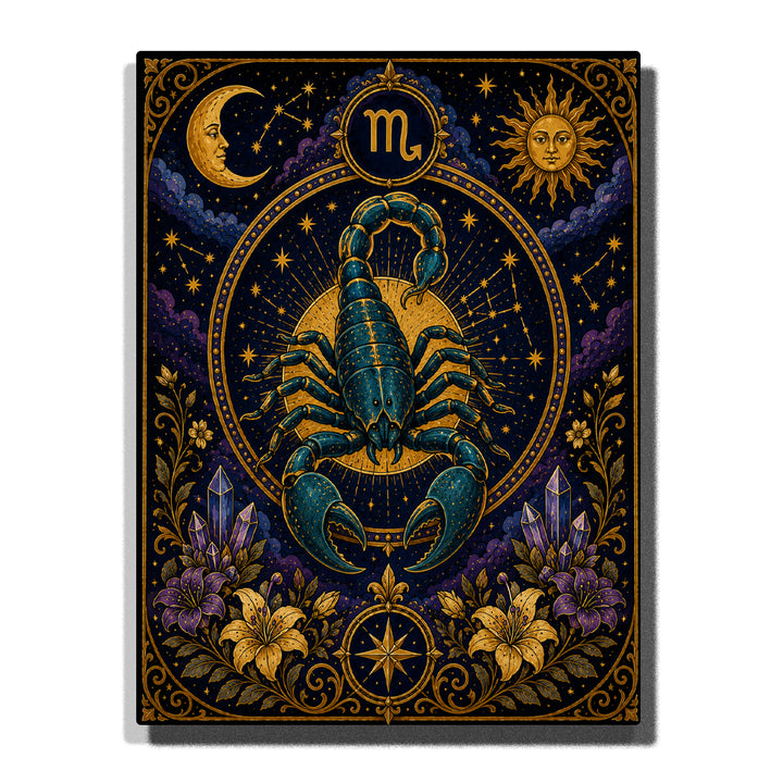 Scorpio Scorpion Zodiac Paint by Numbers For Adults featuring deep teal scorpion, Scorpio symbol, purple crystals, crescent moon, radiant sun, stars and flowers