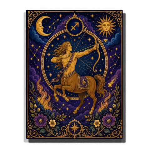 Sagittarius Centaur Archer Zodiac Paint by Numbers For Adults featuring centaur with golden bow and arrow, Sagittarius symbol, moon, sun, stars, flames and purple flowers