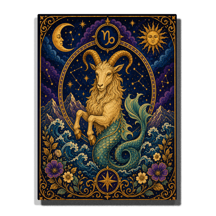 Capricorn Sea Goat Zodiac Paint by Numbers For Adults featuring golden curved horns, teal fish tail, Capricorn symbol, ocean waves, mountains, moon, sun and purple flowers