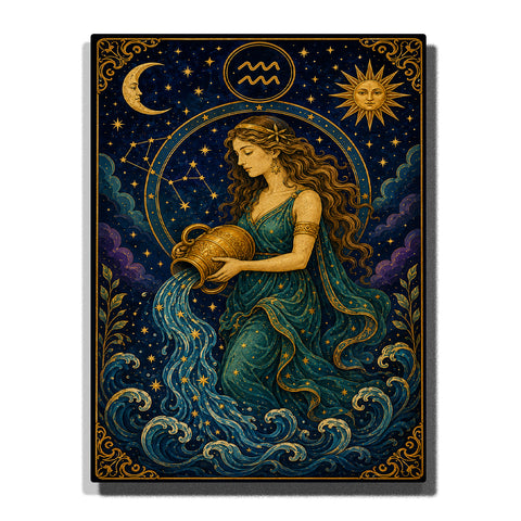 Aquarius Goddess Zodiac Paint by Numbers For Adults featuring a celestial water bearer pouring blue water beneath the Aquarius symbol with moon, sun, stars and golden details