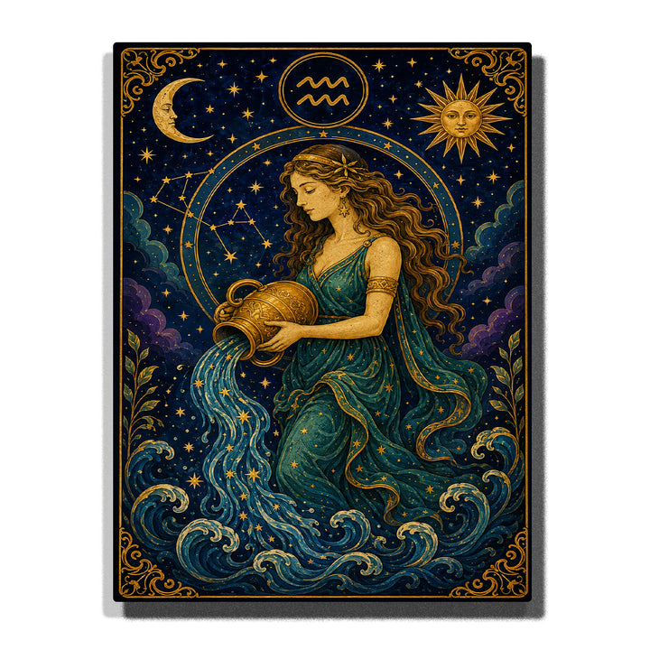 Aquarius Goddess Zodiac Paint by Numbers For Adults featuring a celestial water bearer pouring blue water beneath the Aquarius symbol with moon, sun, stars and golden details