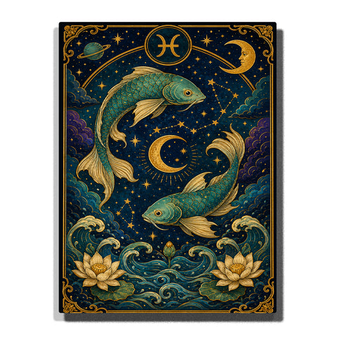 Pisces Twin Fish Zodiac Paint by Numbers For Adults featuring two teal fish, Pisces symbol, golden crescent moons, stars, ocean waves and lotus flowers