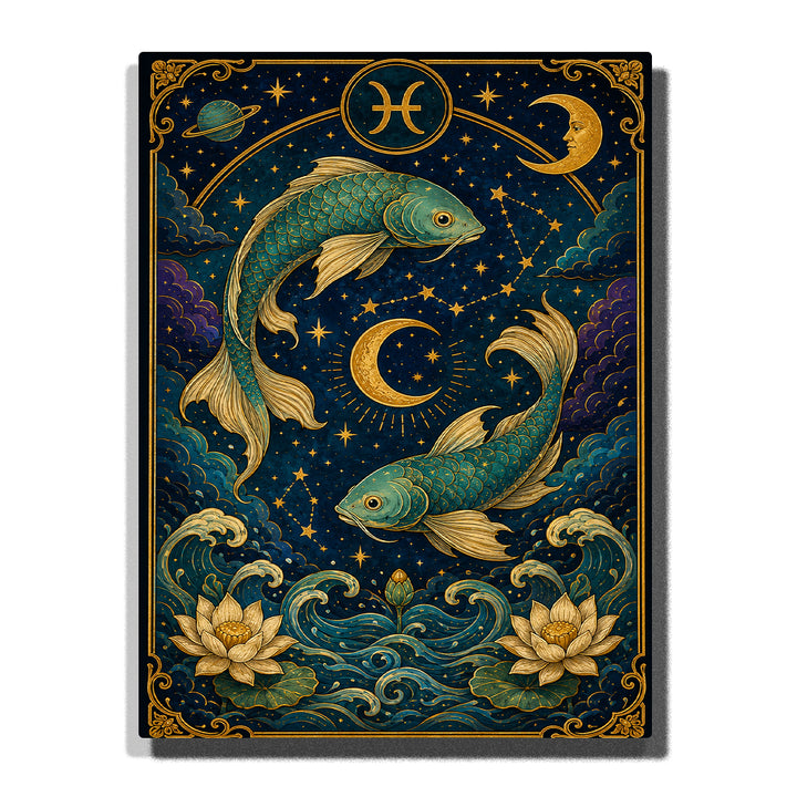 Pisces Twin Fish Zodiac Paint by Numbers For Adults featuring two teal fish, Pisces symbol, golden crescent moons, stars, ocean waves and lotus flowers