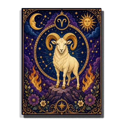 Aries Ram Zodiac Paint by Numbers For Adults featuring white ram with curved horns, Aries symbol, crescent moon, radiant sun, flames, stars and purple flowers