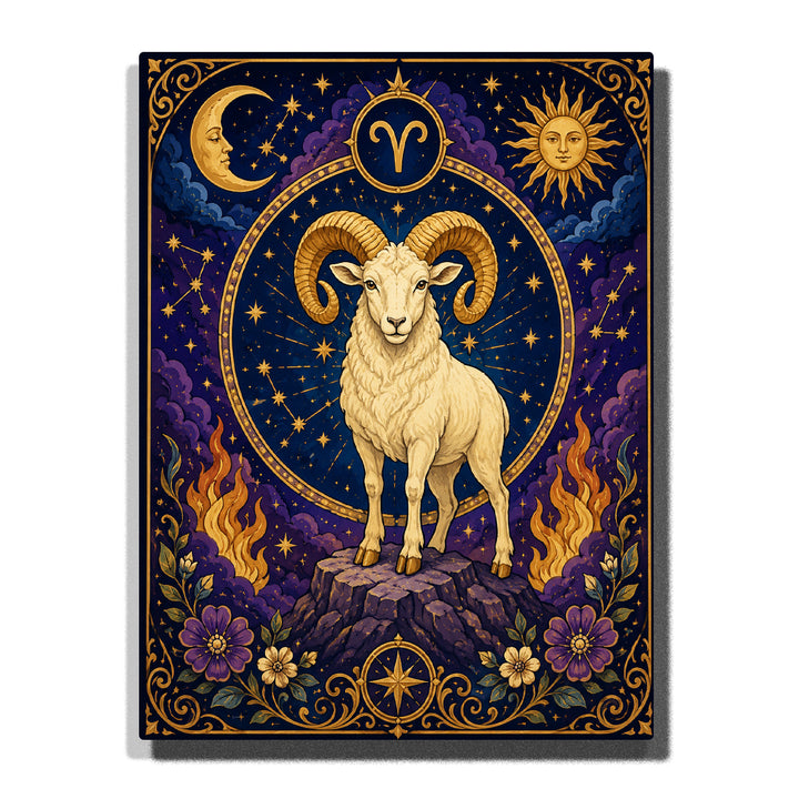 Aries Ram Zodiac Paint by Numbers For Adults featuring white ram with curved horns, Aries symbol, crescent moon, radiant sun, flames, stars and purple flowers