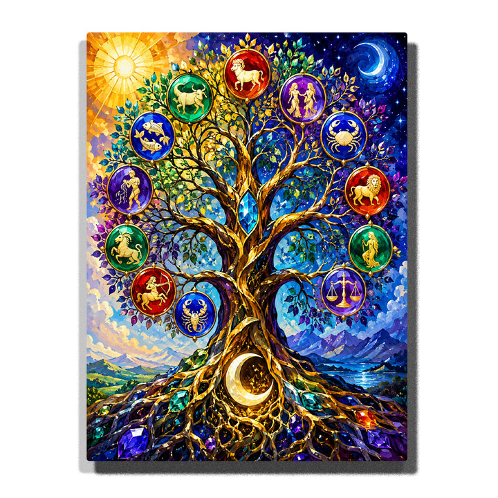 Zodiac Tree of Life Paint by Numbers For Adults with golden tree, twelve gemstone zodiac medallions, radiant sun, crescent moon and crystal-studded roots