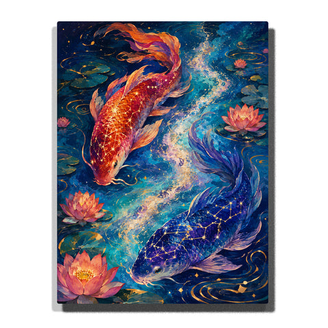 Celestial Koi Paint by Numbers For Adults with orange and blue koi fish bearing golden constellations, pink lotus flowers and a sweeping milky way stream
