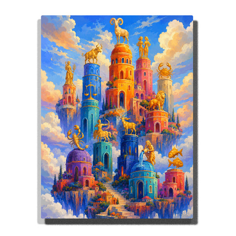 Colorful floating towers topped with golden animal ornaments above clouds