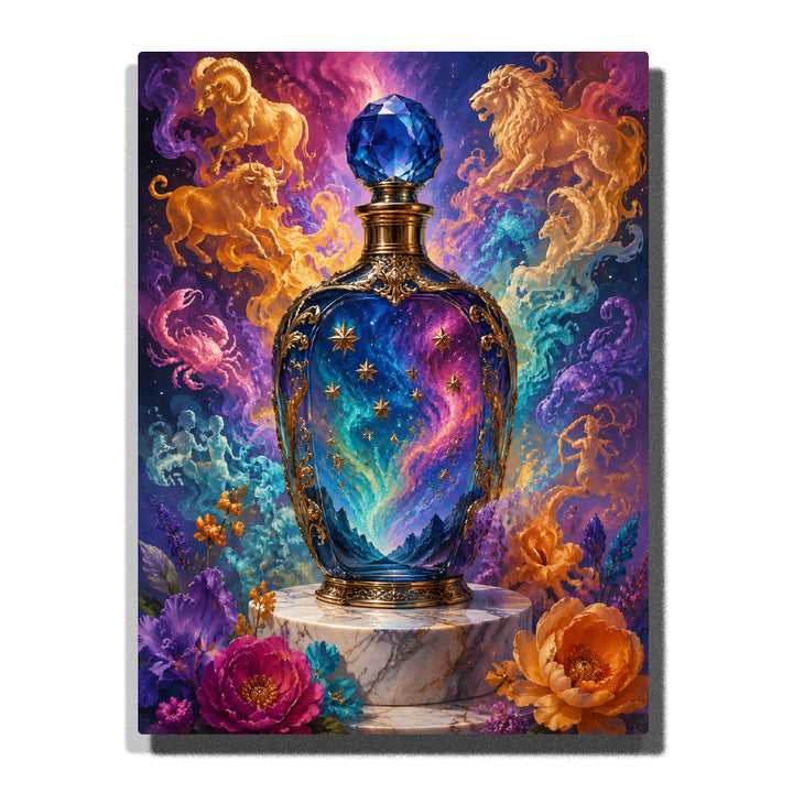 Zodiac Perfume Bottle Paint by Numbers For Adults with ornate glass bottle holding a swirling galaxy, sapphire stopper, golden zodiac animals and peonies on marble