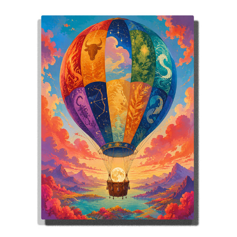 Zodiac Hot Air Balloon Paint by Numbers For Adults with patchwork balloon panels of zodiac symbols, glowing moon lantern, sunset clouds, river valley and coral peaks