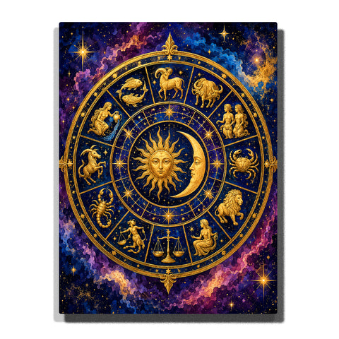 Golden Zodiac Wheel Paint by Numbers For Adults with antique engraved zodiac disc, sun and crescent moon center, twelve gold signs and a violet nebula sky