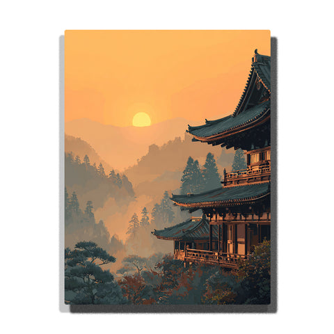 zen temple sunset mountain landscape paint by numbers spiritual wall decor
