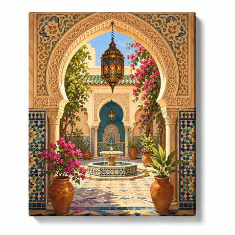 Islamic Paint by Numbers For Adults featuring ornate Moorish courtyard with carved arch, mosaic tiles, central fountain, lanterns and pink bougainvillea