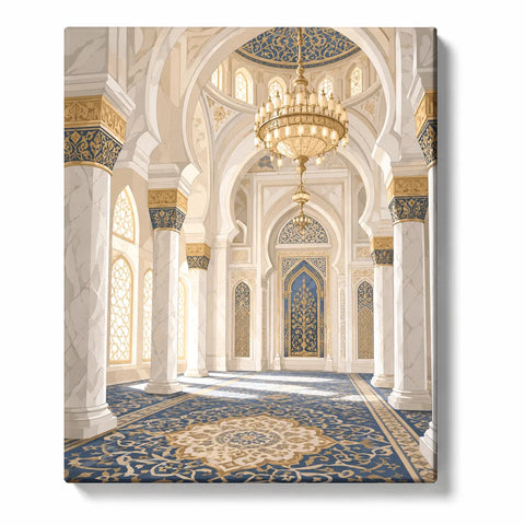 slamic Paint by Numbers artwork of a sunlit mosque interior with ivory arches, golden chandeliers, tall columns and an ornate blue-and-gold carpet.