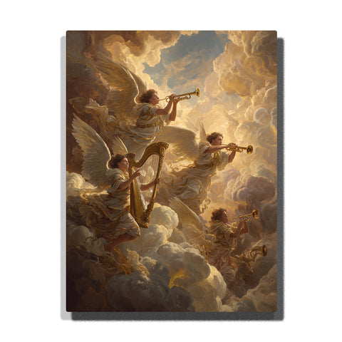 paint by numbers artwork depicting Jesus ascending through golden clouds with angels, warm divine light, religious Christian art for adults wall decor inspiration by PaintEasy
