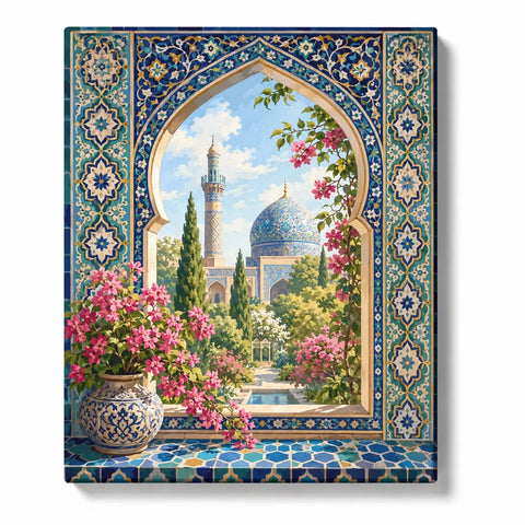 Islamic Paint by Numbers For Adults featuring blue mosaic mosque and minaret through ornate tiled arch with pink flowers, garden and Islamic patterns