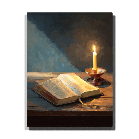 Paint by Numbers Kit of Holy Bible and Lit Candle on Wooden Table, warm golden glow, religious spiritual scene, adult DIY painting, Religious & Spiritual - Jesus & Christian Art by PaintEasy