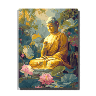 Golden Buddha in Lotus Garden Paint by Numbers Kit for Adults, featuring a serene golden Buddha statue surrounded by pink lotus flowers and lush greenery, from the Buddha & Zen Art Series by PaintEasy.
