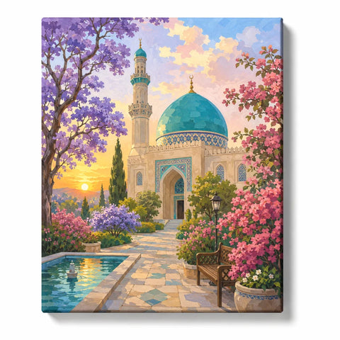 Islamic Paint by Numbers For Adults featuring turquoise mosque dome and minaret surrounded by pink purple flowers, garden pool and golden sunset