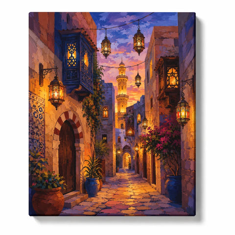Islamic-inspired Paint by Numbers scene of a lantern-lit stone alley with arched doors, blue pots, pink flowers and a minaret beneath a sunset sky.

