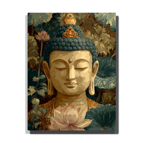 Golden Buddha portrait with teal curls and pink lotus flower surrounded by lush green lotus leaves, spiritual Zen art PaintbyNumbers kit for adults by PaintEasy