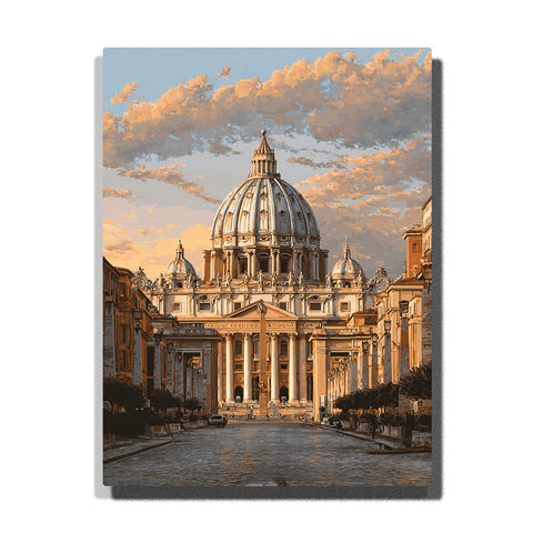 Paint by Numbers Kit of St. Peter's Basilica at Golden Hour, Vatican City, warm sunset clouds, historic religious architecture, adult DIY painting, Religious & Spiritual - Jesus & Christian Art Series by PaintEasy