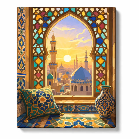 Islamic Paint by Numbers For Adults featuring mosque with blue domes and minarets viewed through ornate geometric arch with golden sunset, patterned cushion and vase