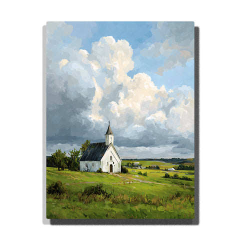 countryside church landscape with dramatic clouds paint by numbers diy painting kit for adults christian art PaintEasy