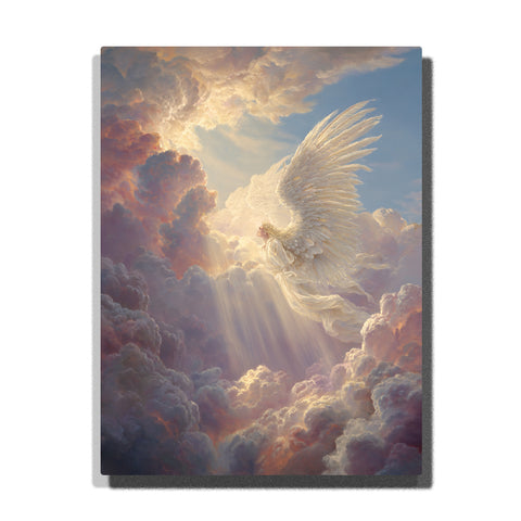 Paint by Numbers artwork depicting Jesus ascending through glowing clouds, surrounded by golden celestial light and soft pastel sky tones, vertical composition, Religious & Spiritual Christian art by PaintEasy.