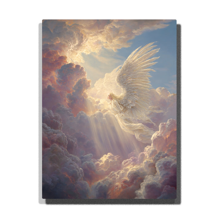 Paint by Numbers artwork depicting Jesus ascending through glowing clouds, surrounded by golden celestial light and soft pastel sky tones, vertical composition, Religious & Spiritual Christian art by PaintEasy.
